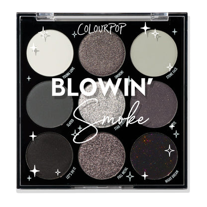 Blowin’ Smoke shadow palette showcasing nine cool‑toned shades - white, silver, graphite, and black - in matte, shimmer, and glitter finishes arranged 3x3 in a black compact with clear lid; ColourPop Shadow Palette for bold smoky eyes.