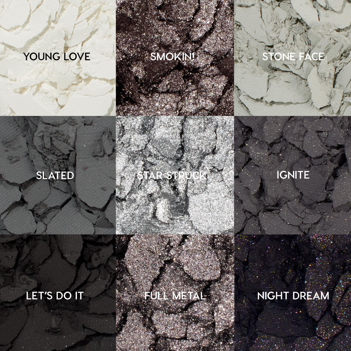 ColourPop Blowin' Smoke shadow palette showcases nine cool-toned pans - Young Love, Smokin', Stone Face, Slated, Star Struck, Ignite, Let's Do It, Full Metal, Night Dream - crushed and textured in a 3x3 grid of matte, metallic, and glitter grays to black.