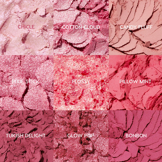Cloud Spun ColourPop Shadow Palette displays nine crushed pink eyeshadows in a 3x3 macro grid - Chicle, Cotton Cloud, Candy Fluff, Pixie Stick, Flossy, Pillow Mint, Tukish Delight, Glow Pop, Bonbon - with matte, metallic, and glitter finishes.