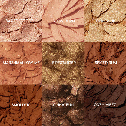 Feelin' Toasty ColourPop Shadow Palette displays nine crushed, labeled shades in a 3x3 grid - Baked Goods, Slow Burn, Cinder Up, Marshmallow Me, Firestarter, Spiced Rum, Smolder, Cinna‑Bun, Cozy Vibez - mix of matte and metallic coppers, caramels, and deep chocolates.