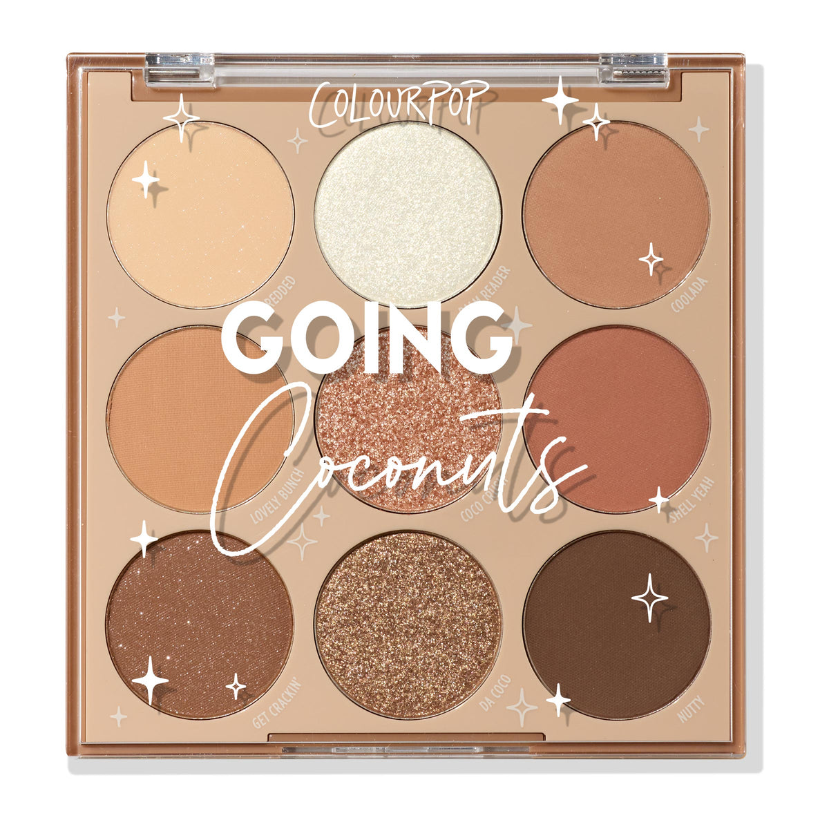 ColourPop Going Coconuts shadow palette showcases nine neutral shades - matte and shimmer beige, copper, gold, and deep brown - under a clear lid with star accents, set in a tan compact on a white background; an everyday ColourPop Shadow Palette.