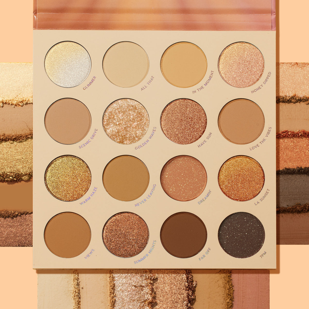 Golden Hour ColourPop Shadow Palette displaying 16 warm neutrals - champagne, caramel, copper, and deep brown to charcoal - in matte and shimmer finishes, with shade names around each pan and matching swatches beside it on a peach backdrop.