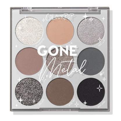 ColourPop Gone Metal shadow palette, a 9-pan ColourPop Shadow Palette, displays cool-toned neutrals from sparkling silver to matte taupe, charcoal, and black in matte, shimmer, and glitter finishes inside a square gray compact with star accents.