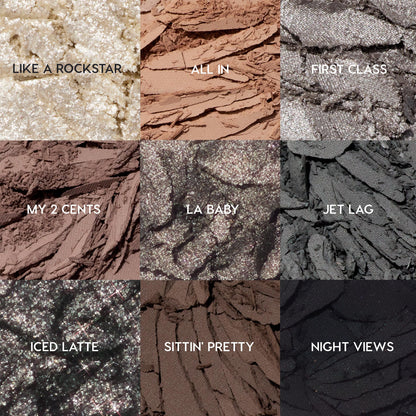 Gone Metal ColourPop Shadow Palette showcasing nine crushed shades in a grid - Like a Rockstar, All In, First Class, My 2 Cents, LA Baby, Jet Lag, Iced Latte, Sittin’ Pretty, Night Views - spanning champagne glitter to matte taupe, gunmetal, and black.