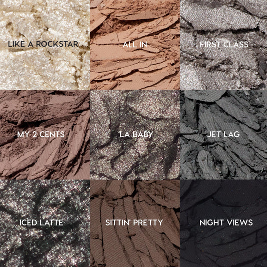 Gone Metal ColourPop Shadow Palette showcasing nine crushed shades in a grid - Like a Rockstar, All In, First Class, My 2 Cents, LA Baby, Jet Lag, Iced Latte, Sittin’ Pretty, Night Views - spanning champagne glitter to matte taupe, gunmetal, and black.