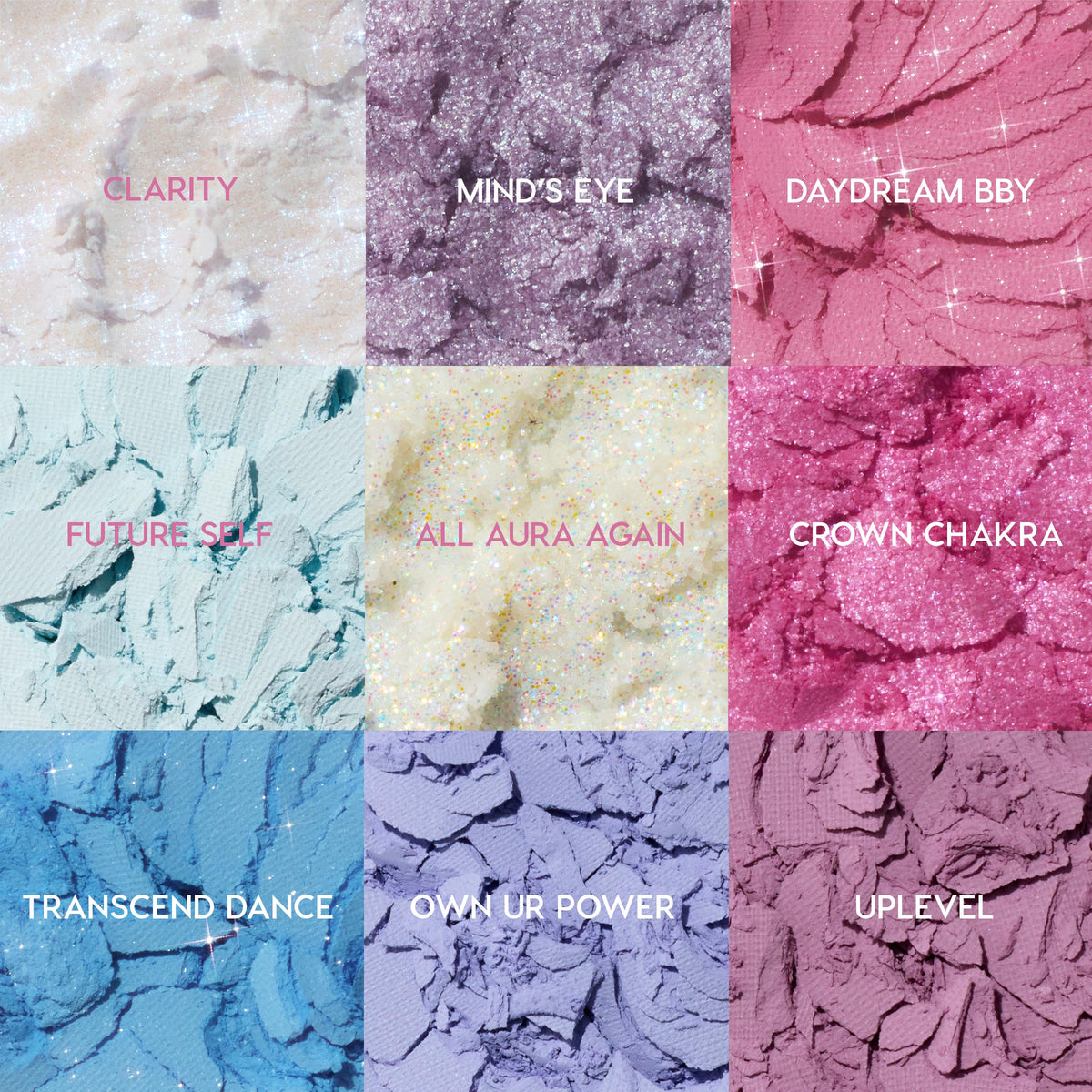 Colourpop In A Trance shadow palette macro showing nine crushed pastel and glitter pans labeled Clarity, Mind’s Eye, Daydream BBY, Future Self, All Aura Again, Crown Chakra, Transcend Dance, Own Ur Power, and Uplevel in dreamy cool tones for US makeup lovers searching Shadow Palettes.