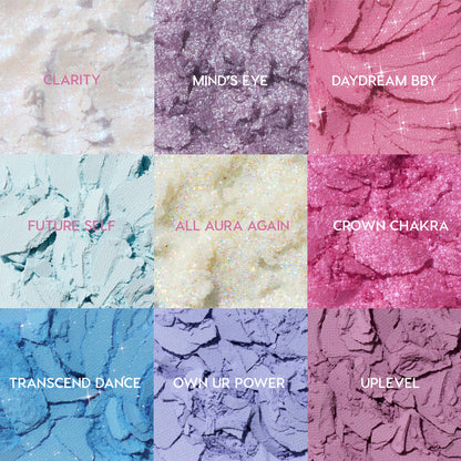 Colourpop In A Trance shadow palette macro showing nine crushed pastel and glitter pans labeled Clarity, Mind’s Eye, Daydream BBY, Future Self, All Aura Again, Crown Chakra, Transcend Dance, Own Ur Power, and Uplevel in dreamy cool tones for US makeup lovers searching Shadow Palettes.