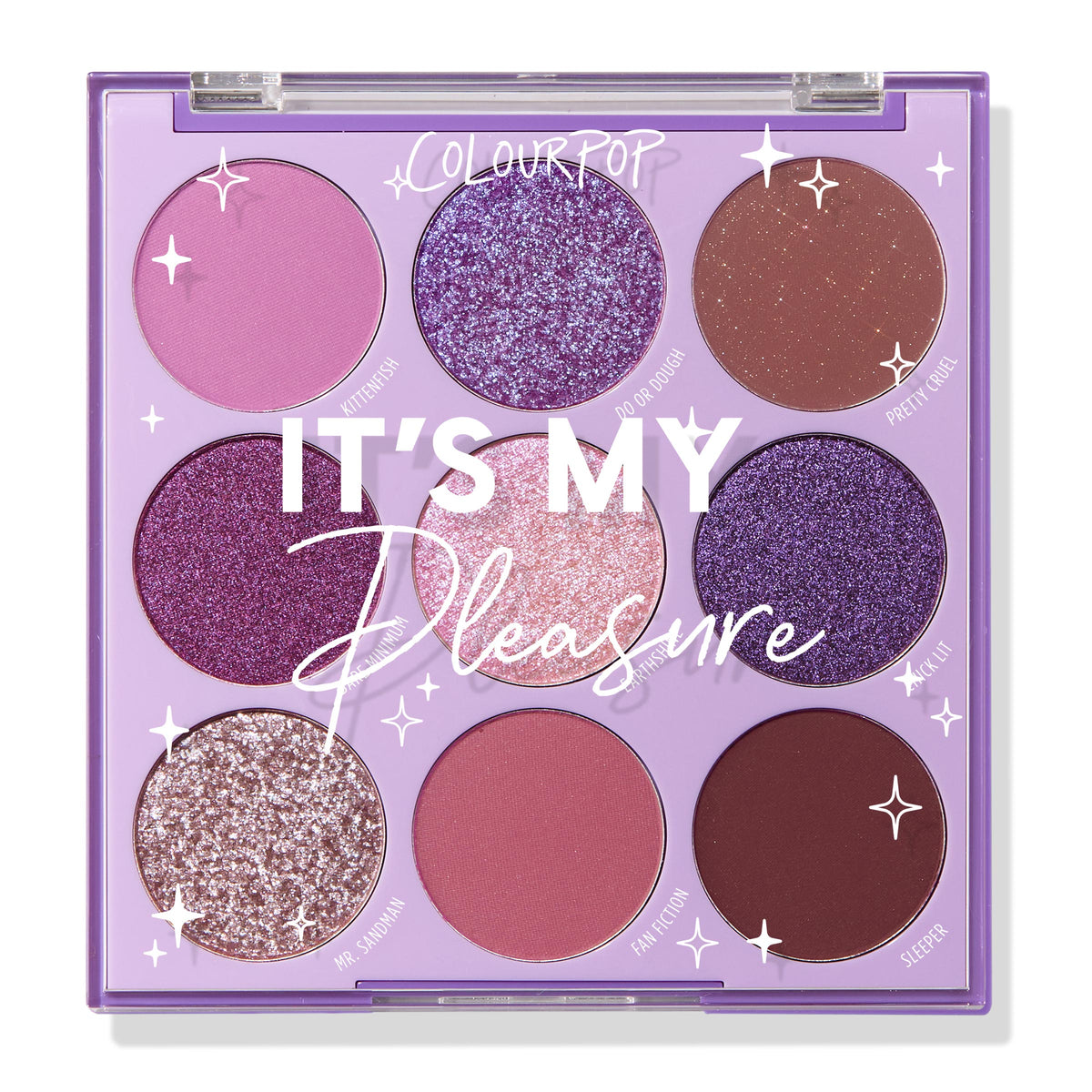 ColourPop Shadow Palette in It's My Pleasure displaying a 3x3 grid of purple-toned eyeshadows - matte, metallic, and pressed glitter - inside a lavender compact with a clear lid; shades range from lilac and pink shimmer to deep plum and berry.
