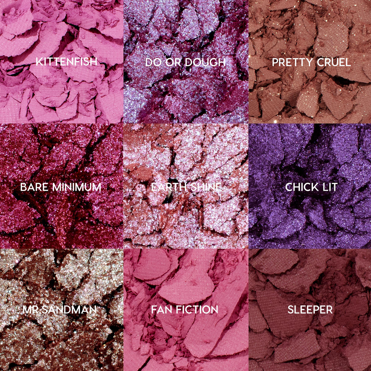 ColourPop Shadow Palette It's My Pleasure showcasing nine crushed pans in pinks and purples - Kittenfish, Do or Dough, Pretty Cruel, Bare Minimum, Earth Shine, Chick Lit, Mr Sandman, Fan Fiction, and Sleeper - matte, metallic, and glitter finishes in a 3x3 grid.