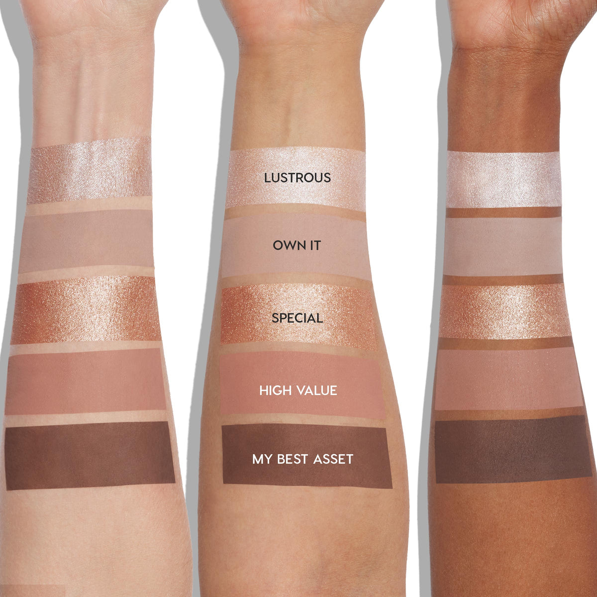 Precious Metals ColourPop Shadow Palette swatches - Lustrous, Own It, Special, High Value, My Best Asset - shown as five stripes on three forearms, displaying champagne shimmer, nude matte, rose-gold metallic, mauve matte, and deep brown matte.