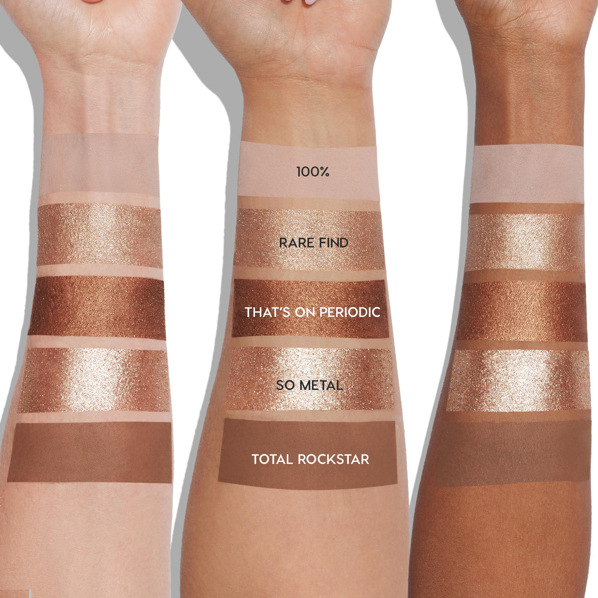 Precious Metals ColourPop Shadow Palette swatches on three forearms (light to deep), stacked from wrist: 100% matte beige, Rare Find rose-gold shimmer, That's On Periodic copper metallic, So Metal champagne sparkle, Total Rockstar matte brown.
