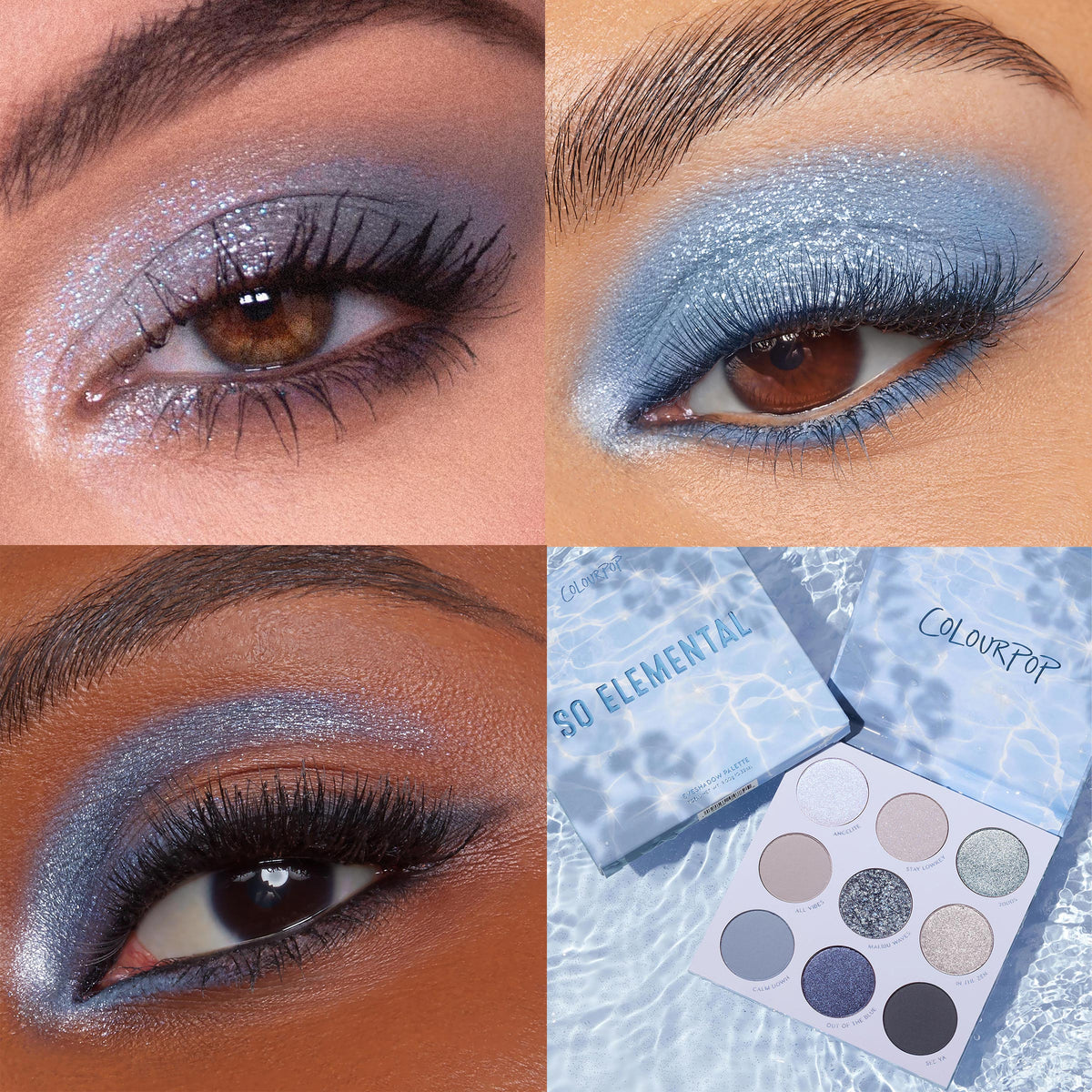 So Elemental ColourPop Shadow Palette showcases icy blue, silver, and cool-toned neutrals - glitter and matte - applied on models’ eyelids, with a close-up of the open 9-pan palette and water-ripple packaging in a four-panel collage.