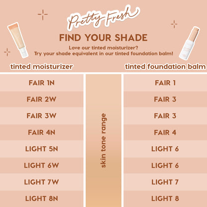 ColourPop Pretty Fresh Complexion Bundle Face Set shade chart maps tinted moisturizer shades to tinted foundation balm equivalents across fair to light skin tones, shown in two columns with product tube and bottle on a peach background.