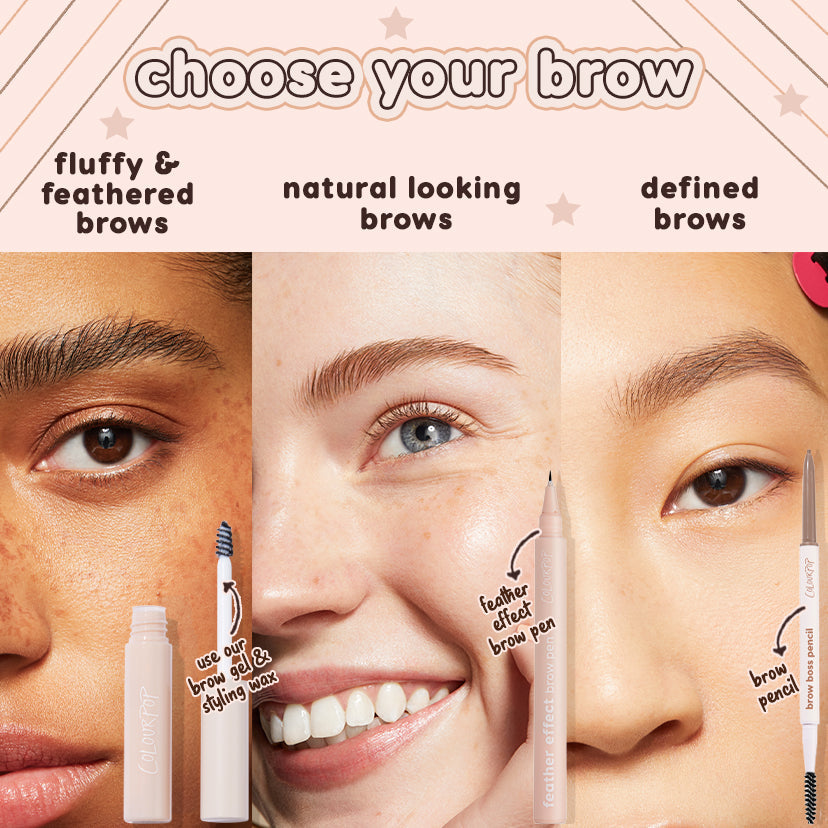 ColourPop Black N' Brown Pencil defining brows - dual-ended brow pencil with precision tip and spoolie shapes clean, defined arches, shown alongside gel, wax, and brow pen in a three-panel collage of fluffy, natural, and defined brow looks.