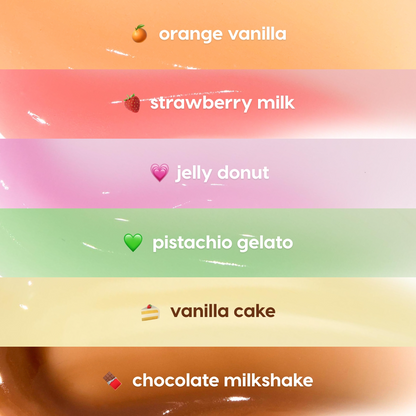 Orange Vanilla lip mask swatch gleams in a six-shade grid, leading dessert-inspired colors - orange vanilla, strawberry milk, jelly donut, pistachio gelato, vanilla cake, chocolate milkshake - showing the glossy, creamy texture of the ColourPop Lip Mask collection.