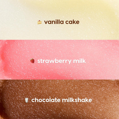 Vanilla Cake ColourPop Lip Scrub swatch showing its pale cream, sugar-grain texture, displayed as the top band of a three-swatch grid with pink Strawberry Milk and brown Chocolate Milkshake flavors beneath.