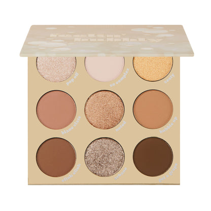 ColourPop Feelin’ Bubbly shadow palette displaying nine neutral, champagne-inspired shades - matte and shimmer in ivory, gold, tan, bronze, taupe, and deep brown - open with a bubble-print lid against a white background.