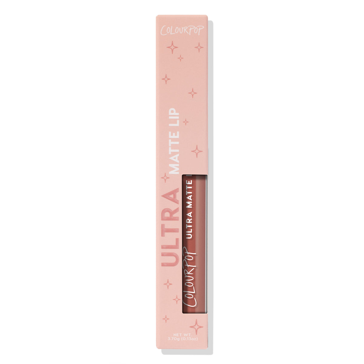ColourPop Ultra Matte Lip in Fifth Avenue showing a warm rosy nude liquid lipstick, standing in a blush-pink box with star accents and a clear cutout window; 3.7g (0.13 oz) tube on a white background.