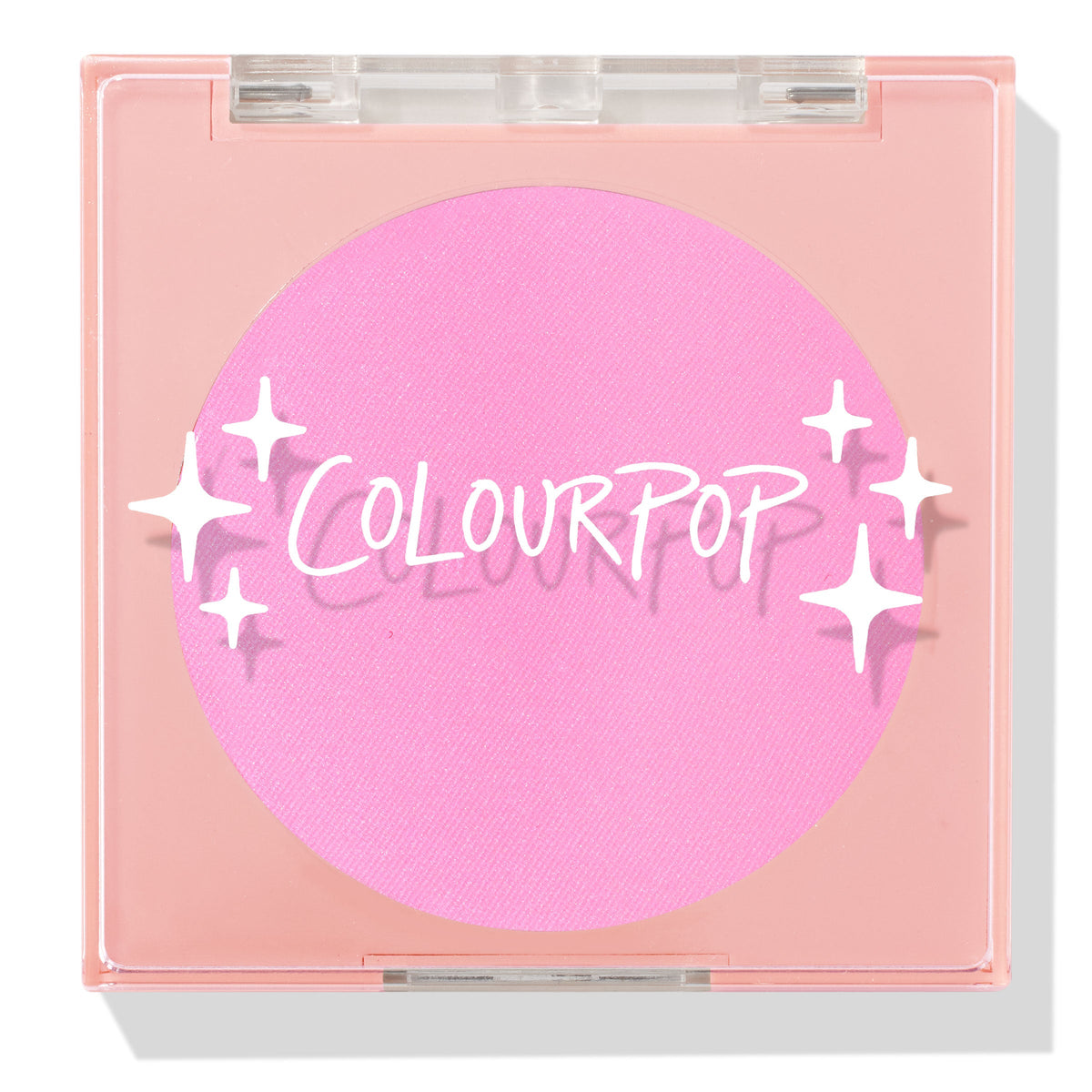 ColourPop Pressed Powder Blush in Flamingo shows a vibrant hot pink pan inside a square peach compact with a clear lid and white sparkles logo, closed and travel-friendly on a light background.