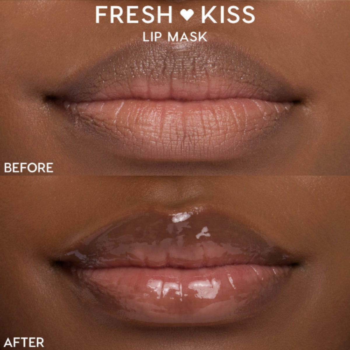 Close-up lips showing Colourpop Merriest Pout Lip Set results - top before is dry and matte; bottom after shows Fresh Kiss Lip Mask creating smooth, hydrated, high-shine lips in a split-screen comparison.