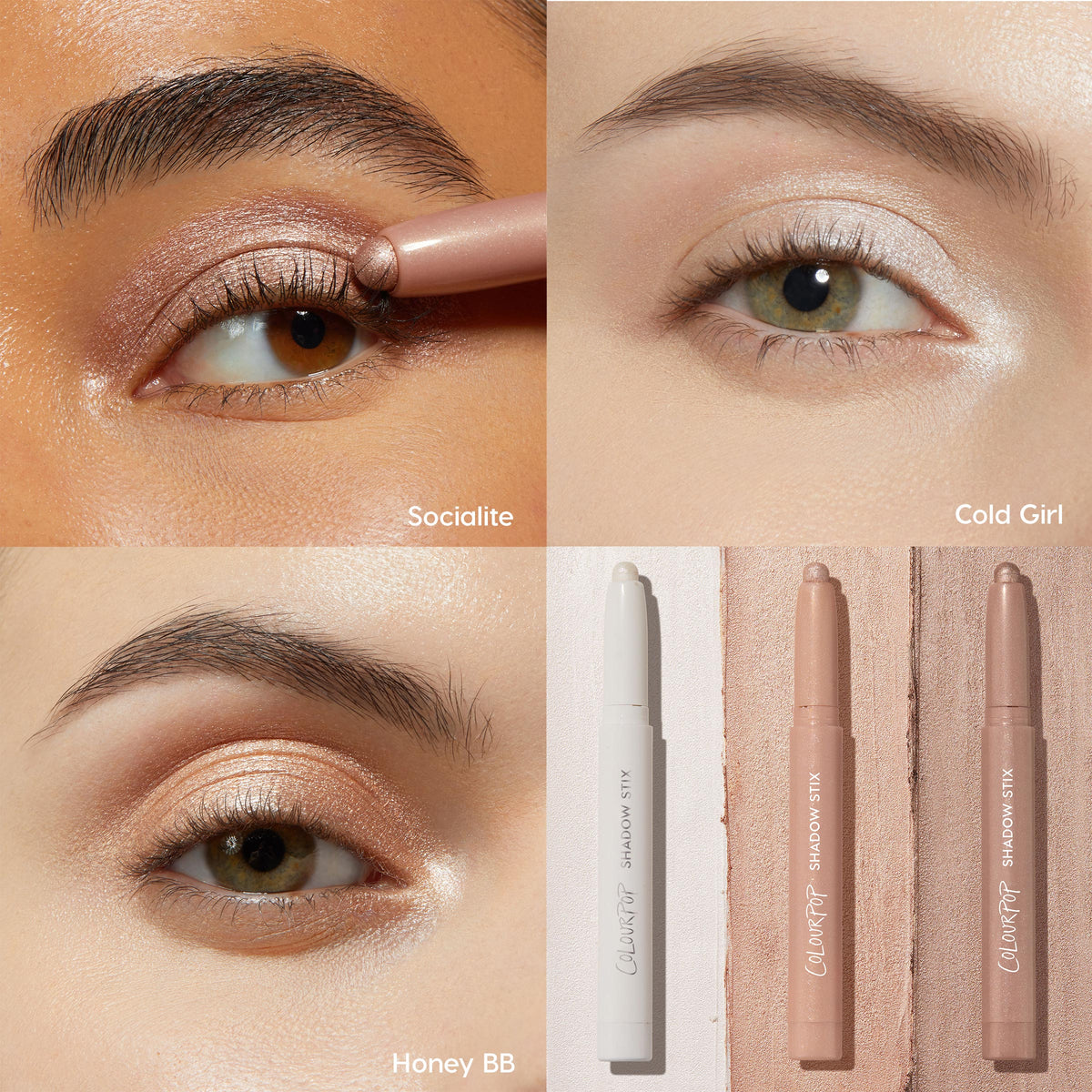 ColourPop Shadow Stix Metallic Neutrals swiped on lids - Socialite, Cold Girl, and Honey BB - show shimmering rose, icy pearl, and warm copper finishes on close-up eyes, alongside three twist-up cream eyeshadow sticks.
