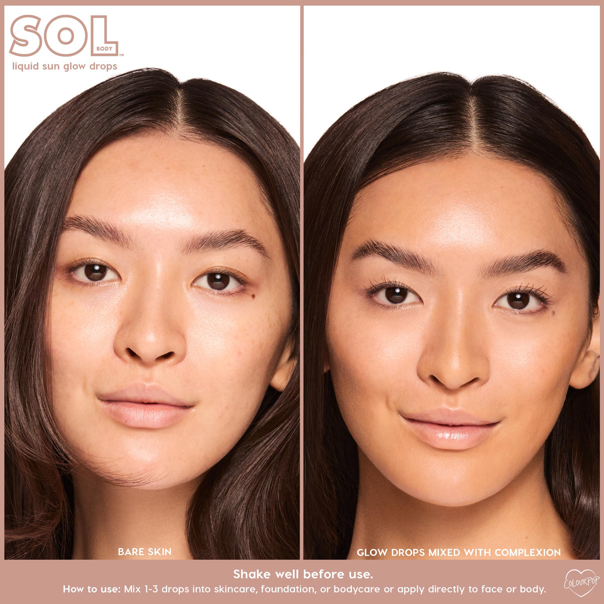 Side-by-side close-up of a model’s face demonstrating Bronze Glow: left bare skin, right luminous bronzed finish after ColourPop SOL Liquid Sun Glow Drops are mixed into complexion, showing dewy glow, subtle warmth, and even tone.