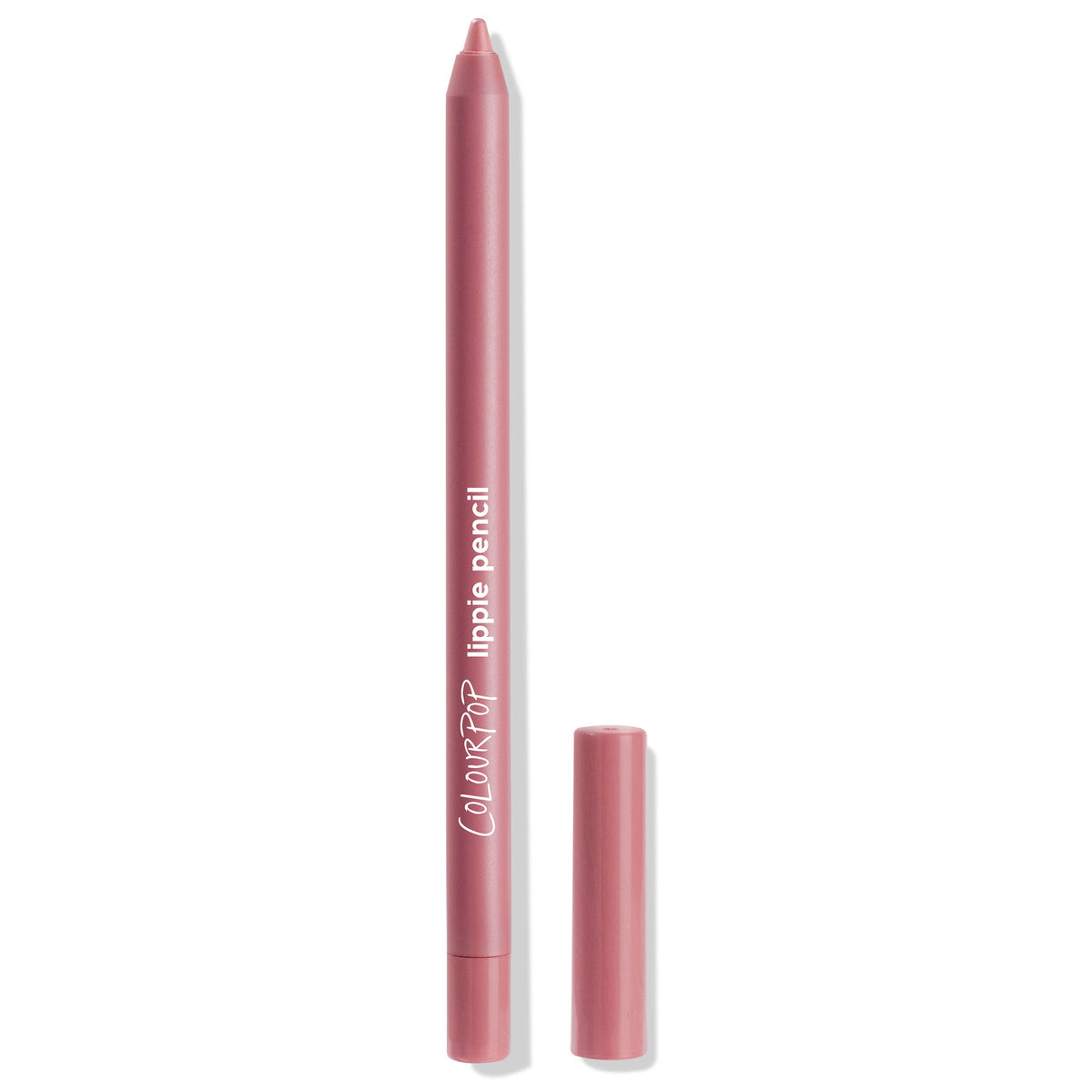 Good N Plenty ColourPop Lippie Pencil standing upright with cap off, rosy mauve tip exposed, logo on barrel visible, cap placed beside on a white background, slim lip liner design for precise definition.