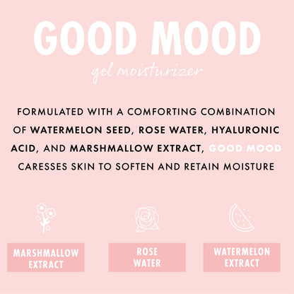 Good Mood Gel Moisturizer showcases a lightweight ColourPop Face Moisturizer formulated with watermelon seed, rose water, hyaluronic acid, and marshmallow extract to soften and retain moisture, shown on a pink infographic with ingredient icons.