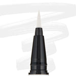 ColourPop BFF Liquid Liner Graceland creating bold white strokes with a fine felt tip; close-up of the black pen barrel and pointed brush, white eyeliner swatches behind, for precise wings and graphic eye looks.