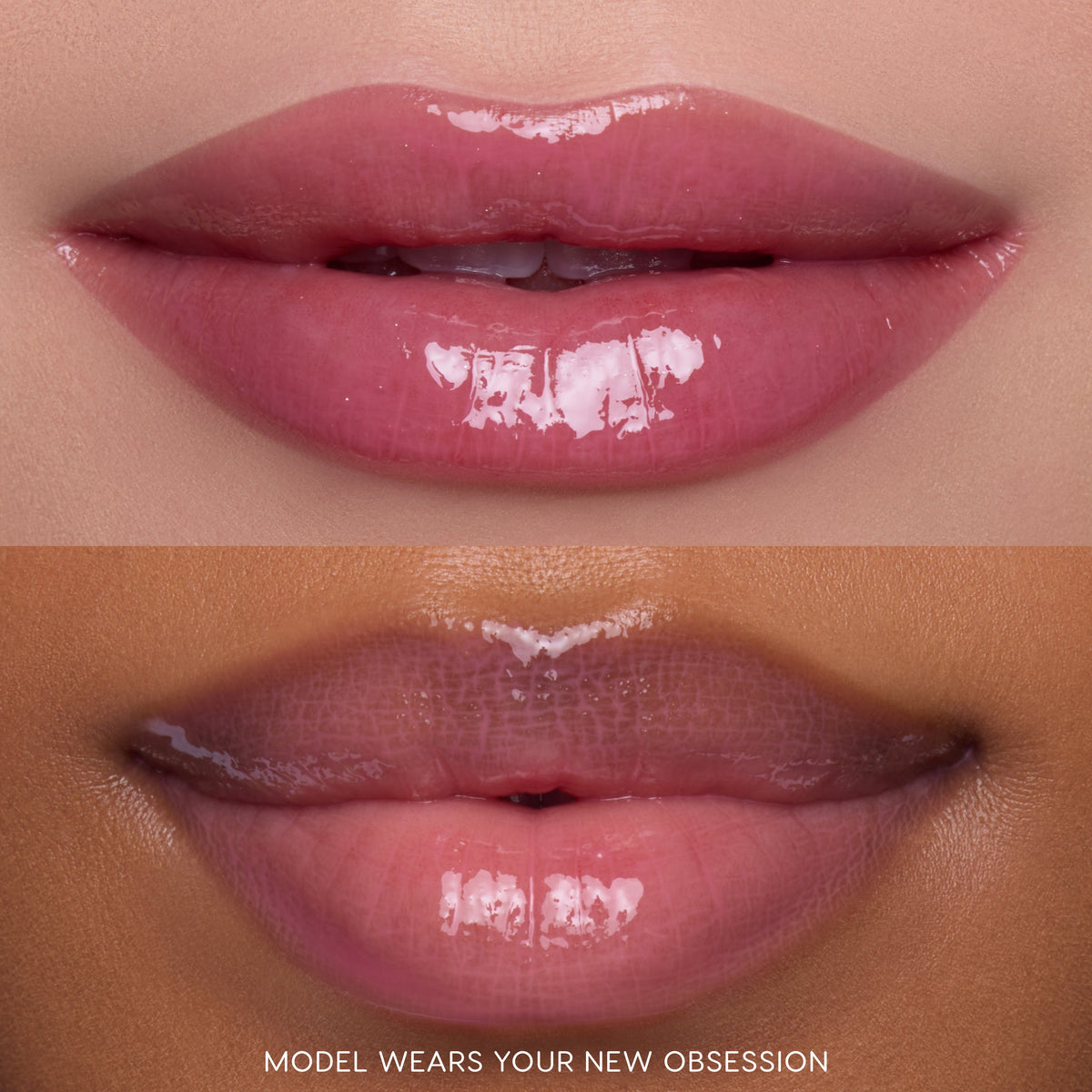 Close-up split-screen of two models’ lips wearing Gloss Me Up ultra glossy lip set in shade Your New Obsession, showing high-shine pink finish from Heart to Get on different skin tones against a neutral studio background.