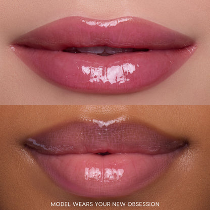 Close-up split-screen of two models’ lips wearing Gloss Me Up ultra glossy lip set in shade Your New Obsession, showing high-shine pink finish from Heart to Get on different skin tones against a neutral studio background.