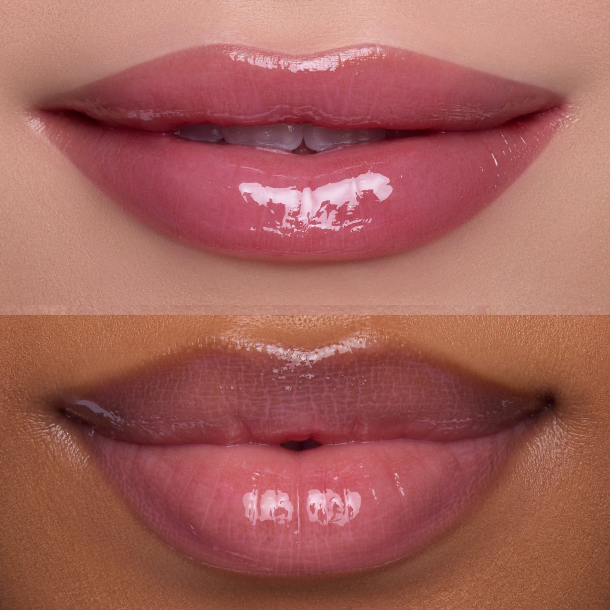 Two close-up shots of glossy, pink lips wearing the Heart to Get Text Me, JK blush + UGL set, showing how the sheer, high-shine lip color flatters different skin tones in a beauty product grid for US makeup shoppers.
