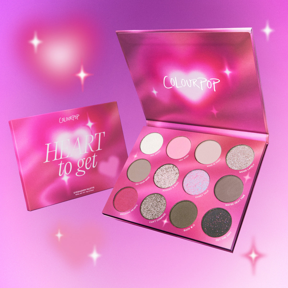 ColourPop Heart to Get shadow palette lying open to show 12 pink, nude, and glitter eyeshadows in a heart-themed pink compact, with the closed Heart to Get packaging beside it on a glowing pink background for romantic eye looks.