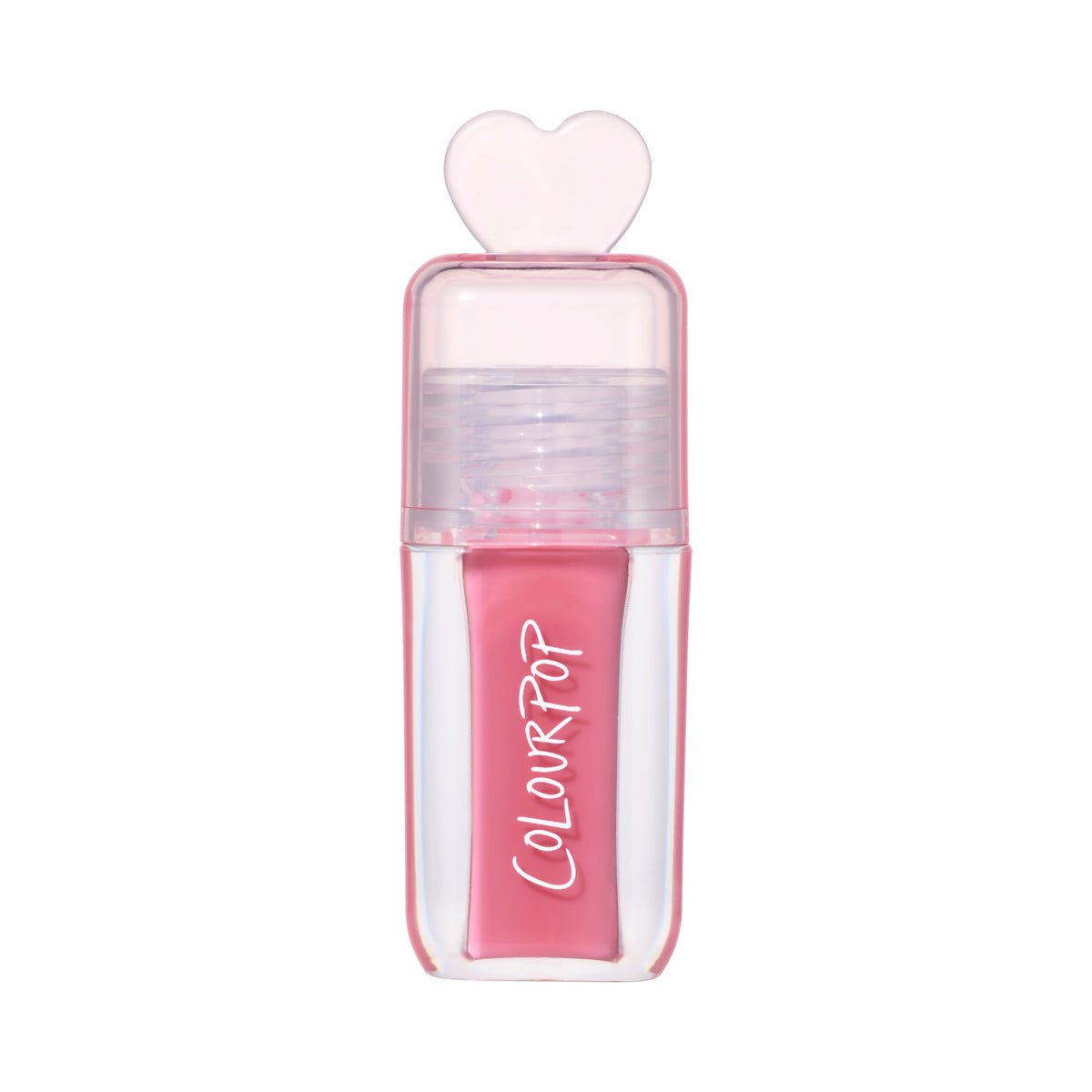 ColourPop Still That Girl ultra glossy lip in pink, standing upright with a clear rectangular tube, heart-shaped cap, and Heart to Get inspired packaging on a clean white background for a modern makeup product shot.