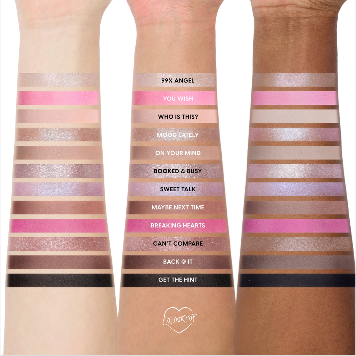 Heart to Get Full Collection swatched on three arms of different skin tones, showing the full collection set of pink, nude, brown, shimmer, and black shades labeled from 99% Angel to Get the Hint for Heart to Get makeup buyers.