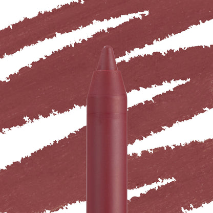 Hoopty ColourPop Lippie Pencil tip delivering creamy deep mauve-brown pigment, shown with bold swipe swatches in the background to highlight smooth, full-coverage lip liner payoff.