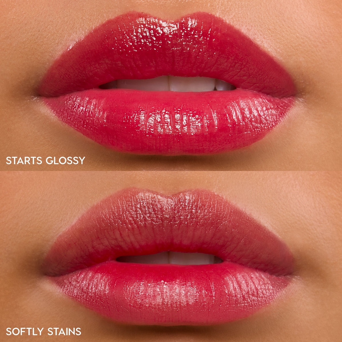 Lips wearing ColourPop Lip Stain in A Little Dramatic, split view showing finishes: top glossy high-shine coat, bottom soft stained tint in vivid berry pink, close-up swatch highlighting hydrating, long-wear lip color.