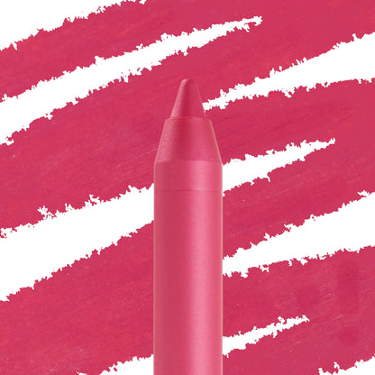ColourPop Lippie Pencil in I Heart This, sharpened tip standing upright against bold fuchsia swatch streaks, showcasing the vivid pink lip liner for precise definition.