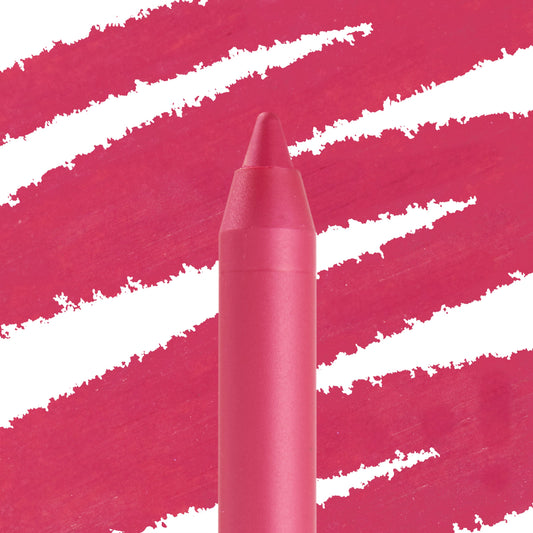 ColourPop Lippie Pencil in I Heart This, sharpened tip standing upright against bold fuchsia swatch streaks, showcasing the vivid pink lip liner for precise definition.