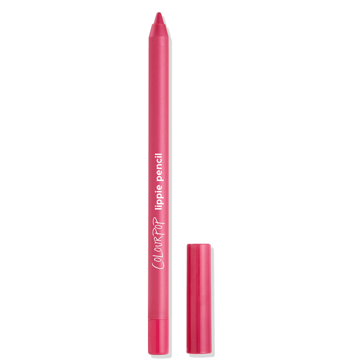 ColourPop Lippie Pencil in I Heart This stands uncapped, showing a sharp fuchsia tip and matching pink barrel with white branding, cap set beside it on a white background.