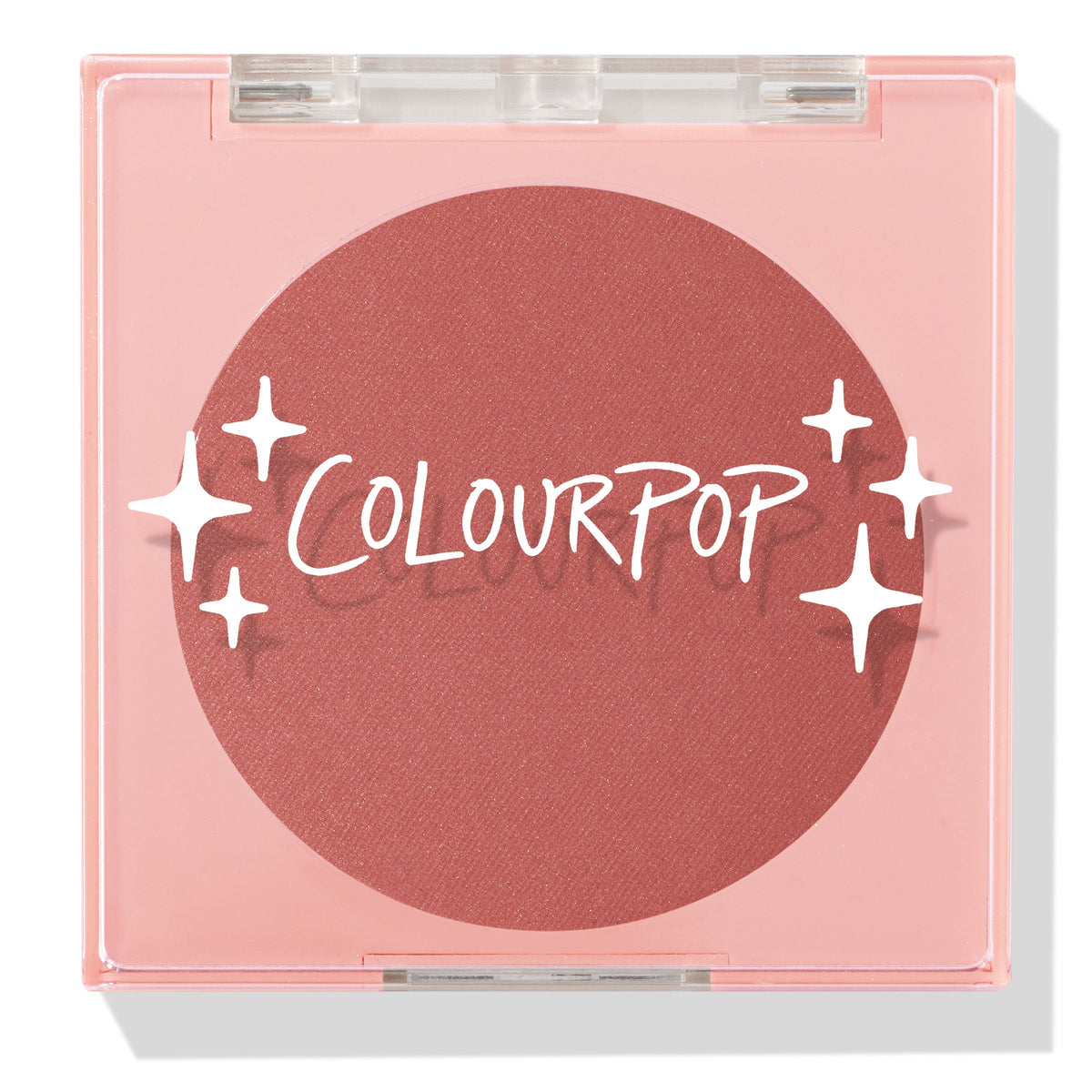 Just Cruisin’ ColourPop Pressed Powder Blush shown closed in a pink square compact with a clear lid and white sparkles logo, revealing a matte warm rose terracotta pan on a clean white background.