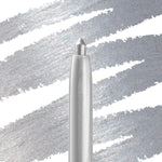 ColourPop Crème Gel Liner in Kicker, a retractable metallic silver eyeliner, shown with the tip extended and drawing bold shimmering swatches across a white-and-silver backdrop; smooth, long-wear formula for precise lines.