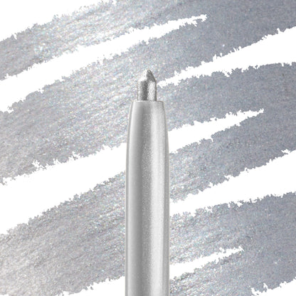 ColourPop Crème Gel Liner in Kicker, a retractable metallic silver eyeliner, shown with the tip extended and drawing bold shimmering swatches across a white-and-silver backdrop; smooth, long-wear formula for precise lines.