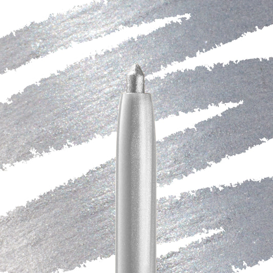 ColourPop Crème Gel Liner in Kicker, a retractable metallic silver eyeliner, shown with the tip extended and drawing bold shimmering swatches across a white-and-silver backdrop; smooth, long-wear formula for precise lines.