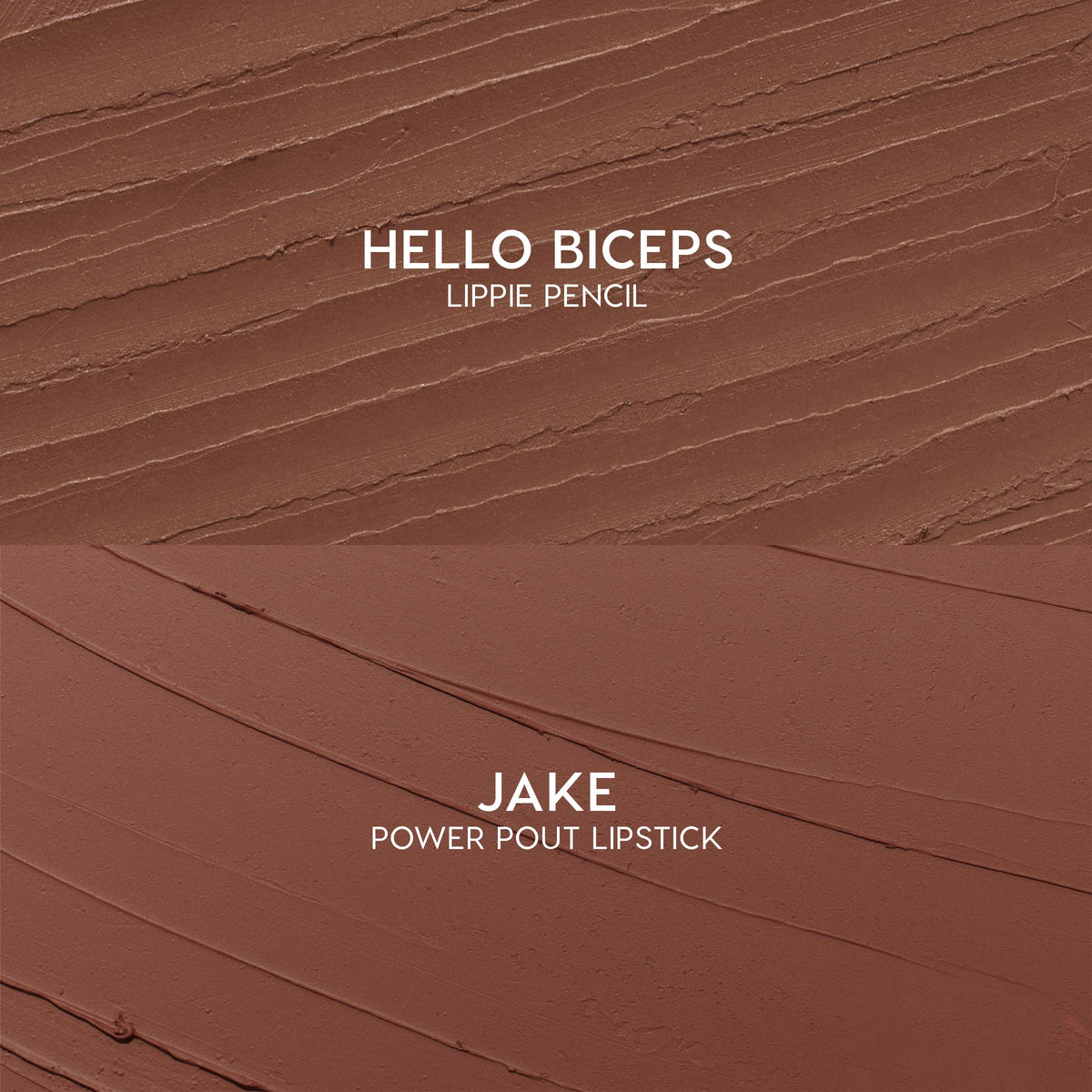 Swatches showcase Hello Biceps lippie pencil and Jake ColourPop Power Pout Lipstick from the Bella! Where the Hell Have You Been, Loca? kit, with textured mocha and smooth cinnamon-brown strokes on a matte surface highlighting creamy payoff.