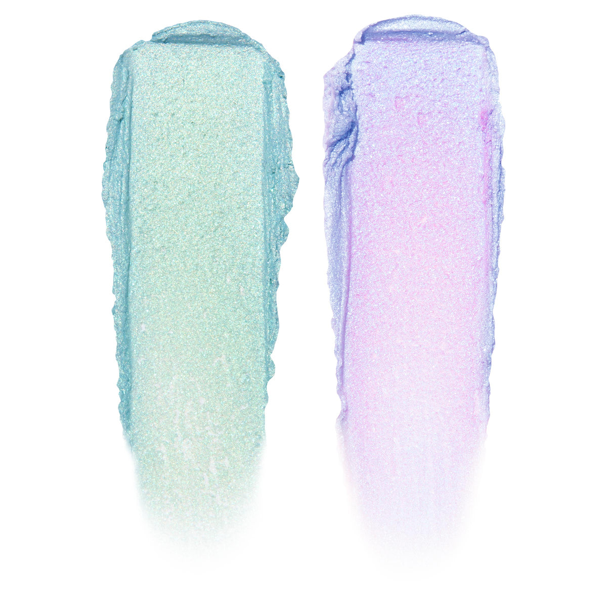 Two swatches display ColourPop Shadow Stix, Cute and Feisty - left a shimmering mint green, right an iridescent lavender with pink shift - swiped in thick vertical strokes on a white background.