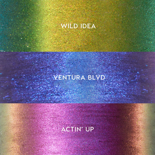 Three shimmering duochrome swatches demonstrate the Good Shift ColourPop Crème Gel Liner kit - Wild Idea shifts green to gold, Ventura Blvd shifts indigo to electric blue, and Actin’ Up flips fuchsia to bronze - shown close-up on a neutral backdrop.