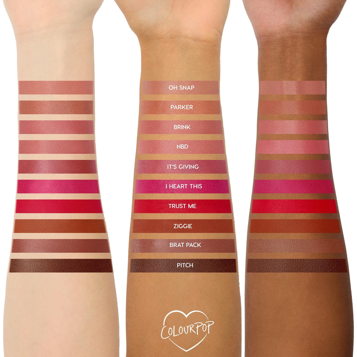 ColourPop Lippie Stix swatches line three arms (light to deep), displaying The Lil Box of Lippie Stix shades - Oh Snap, Parker, Brink, NBD, It's Giving, I Heart This, Trust Me, Ziggie, Brat Pack, Pitch - from pinks to reds to browns, with ColourPop heart logo at bottom.