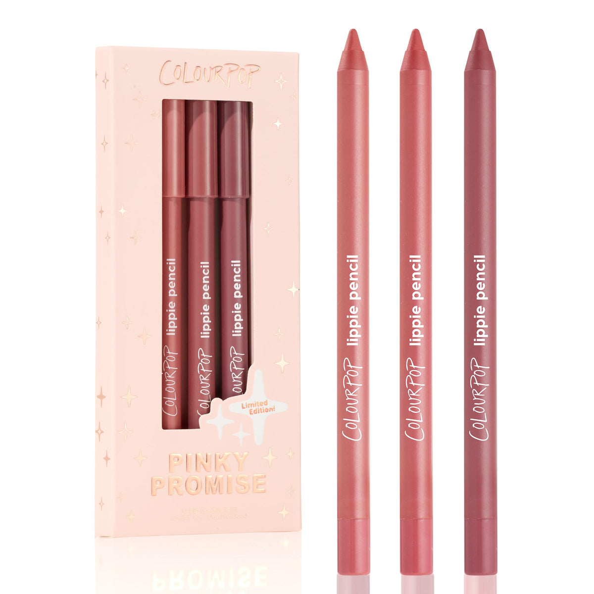 ColourPop Lippie Pencil Pinky Promise set showing three lip liner pencils in pink-to-mauve tones standing upright beside a blush-pink limited-edition box with star accents and a window cutout.