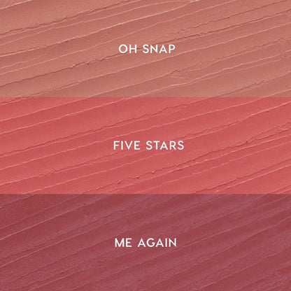 ColourPop Lippie Pencil Pinky Promise kit swatches display three shades in horizontal stripes: Oh Snap (soft nude pink) on top, Five Stars (warm rosy pink) in the middle, and Me Again (mauve berry) on bottom, shown on a textured smear.